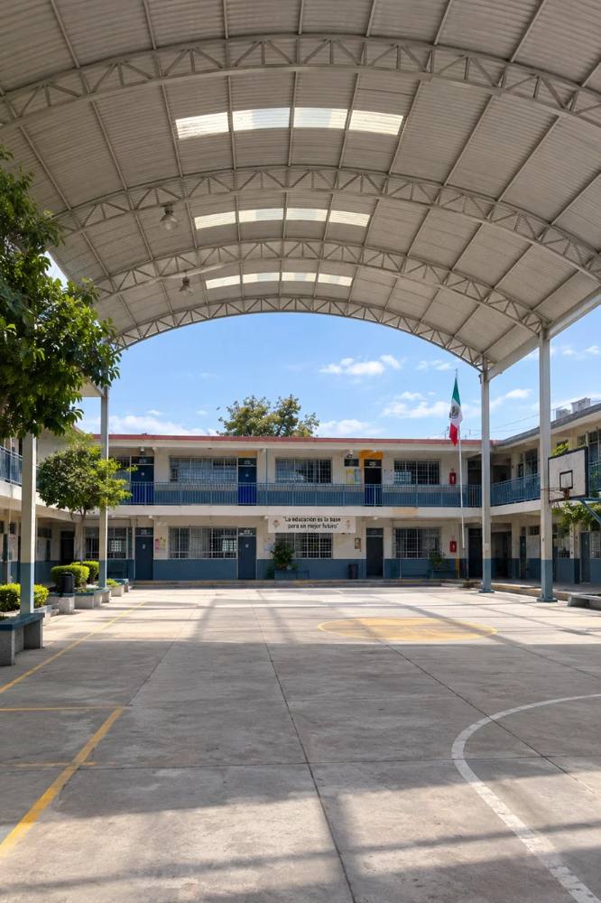 Domo metálico sobre patio escolar